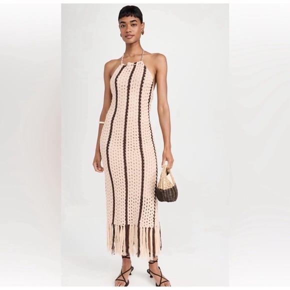 Moon River Dresses & Skirts - Moon River‎ Brown Tan Striped Fringe Halter Sleeveless Midi Dress Boho Size S